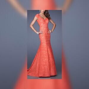 New With Tags - La Femme Hot Coral Lace Mermaid Gown Size 6